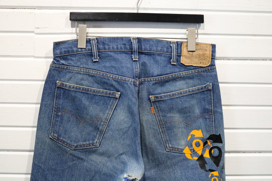 Levi's 20505 Jeans | Vintage 80s Custom Graphic Back Print Denim Pants | Distressed Blue Straight-Leg