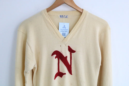 Retz Varsity Sweater | Vintage 1950s Cream Wool Letterman Knit Pullover | Collegiate Athletic Knitwear