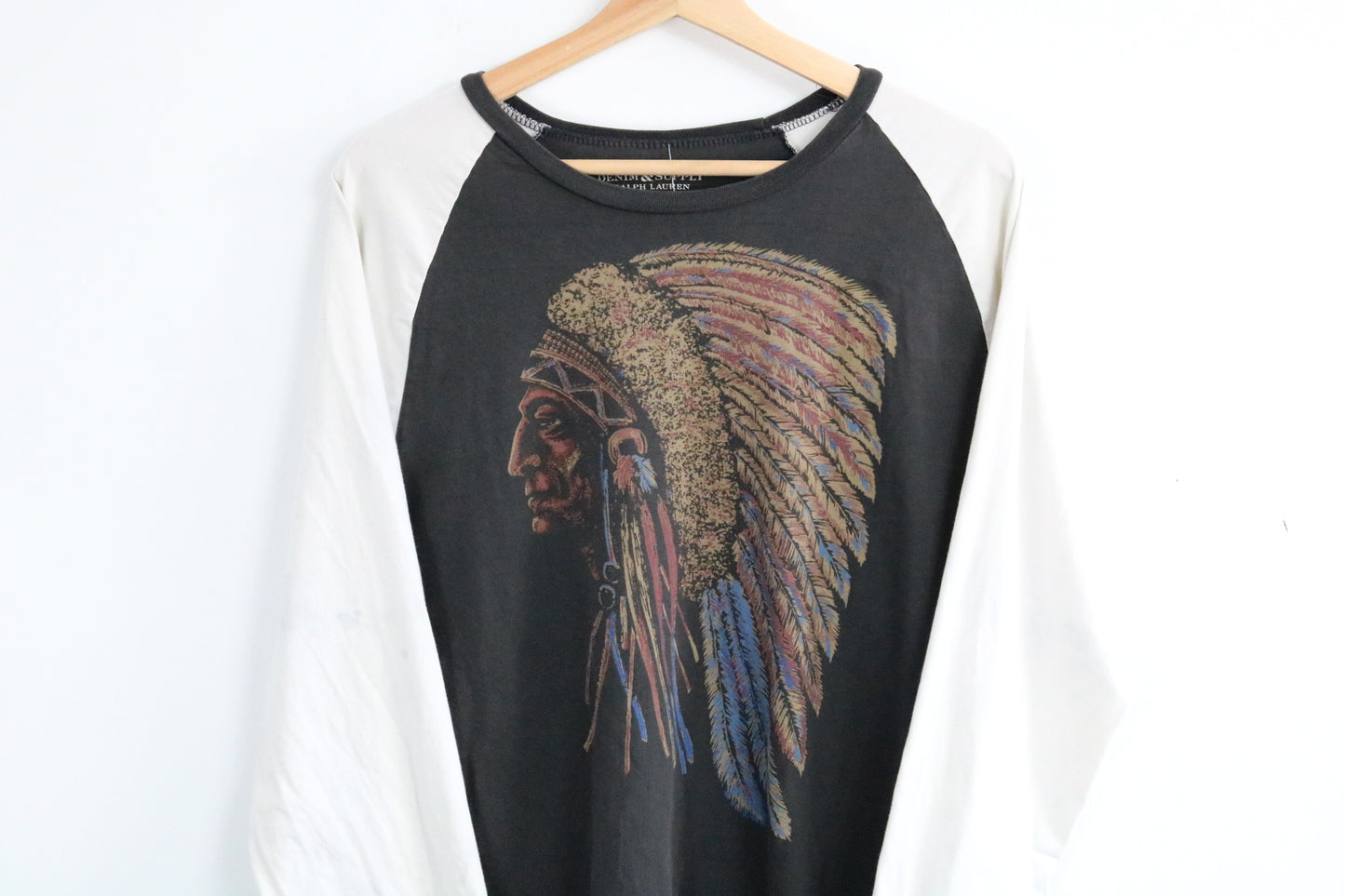 Ralph-Lauren Long Sleeve T-Shirt | Vintage 1990s Native Chief Graphic Raglan Tee | Unique Art Top