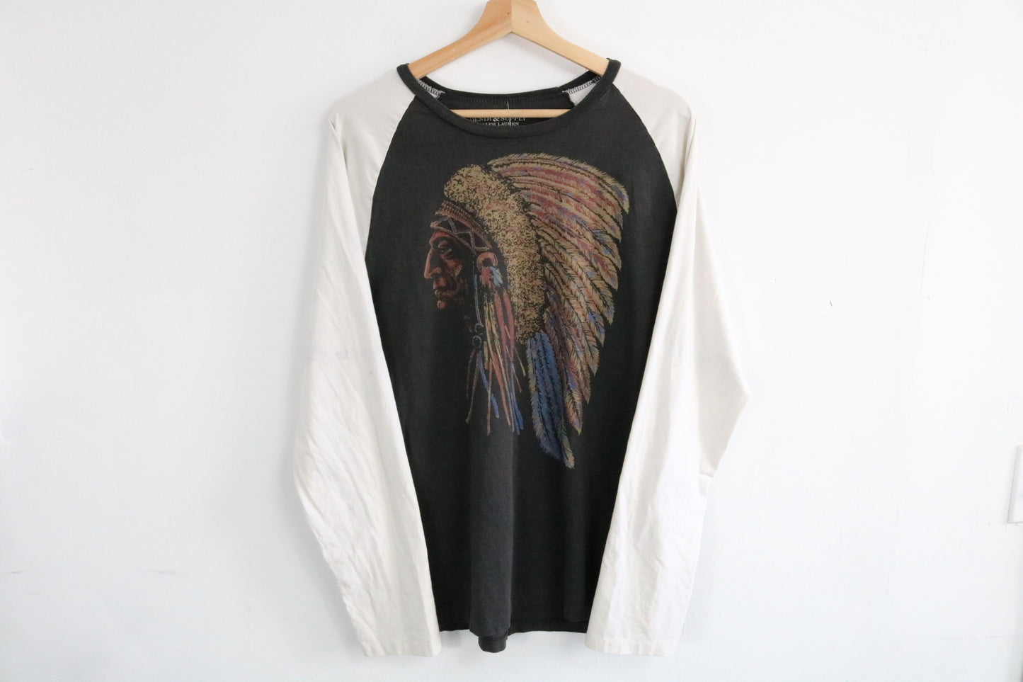 Ralph-Lauren Long Sleeve T-Shirt | Vintage 1990s Native Chief Graphic Raglan Tee | Unique Art Top