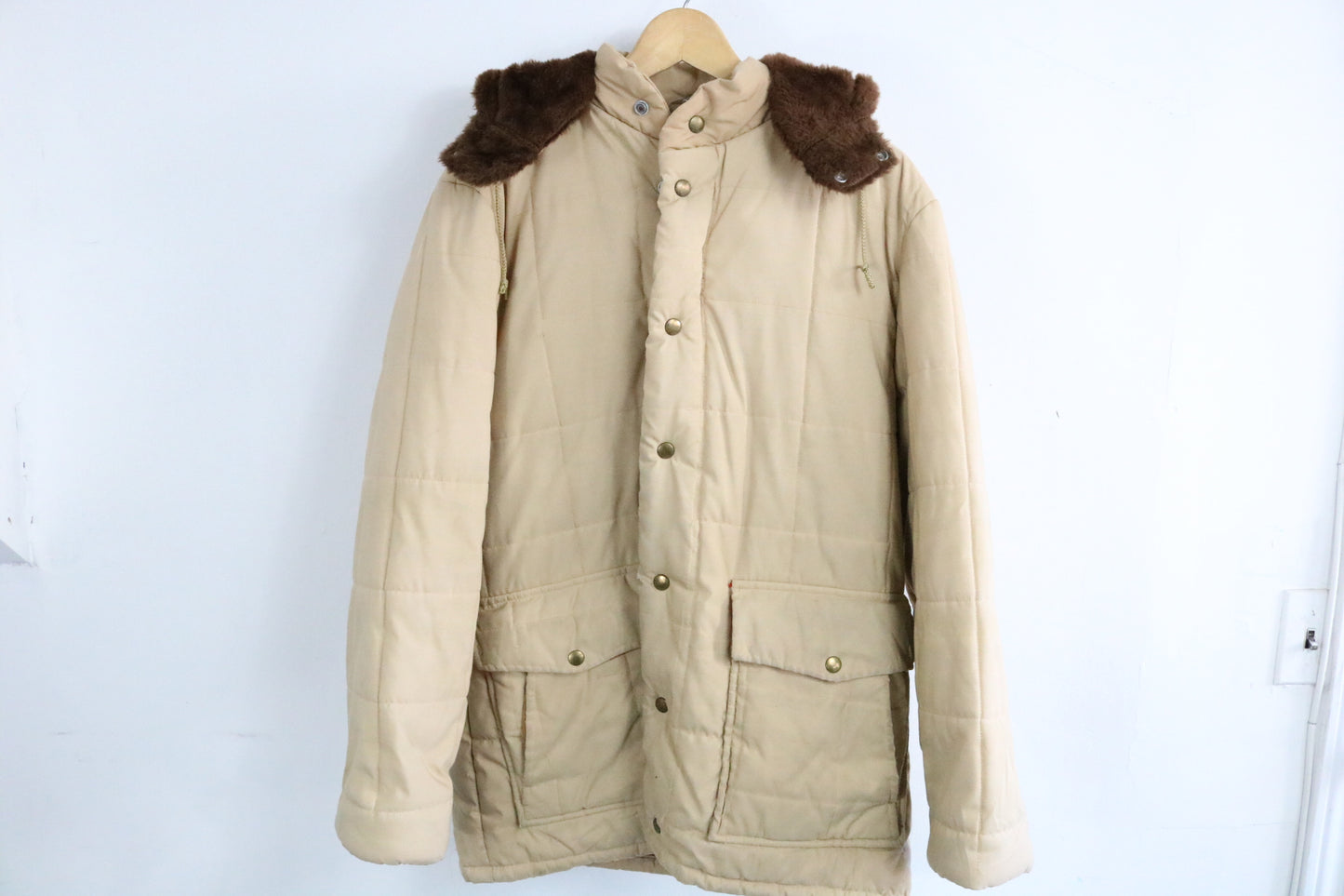 Faux Fur Hooded Parka | Vintage Quilted Insulated Winter Coat | Beige Brown Outerwear