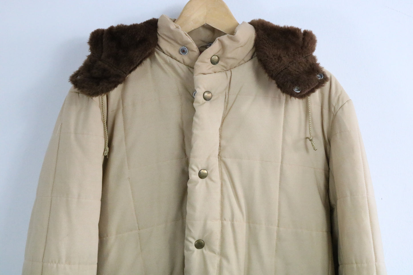 Faux Fur Hooded Parka | Vintage Quilted Insulated Winter Coat | Beige Brown Outerwear
