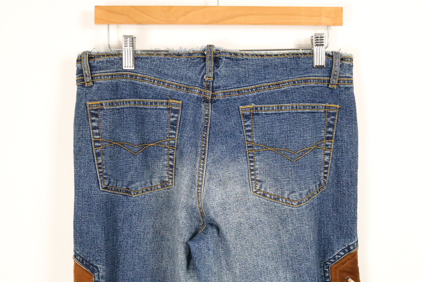 Lazerjeans Denim Pants | Vintage Western Lace-Up Jeans with Brown Suede Panels | Distressed Blue Cowboy Style