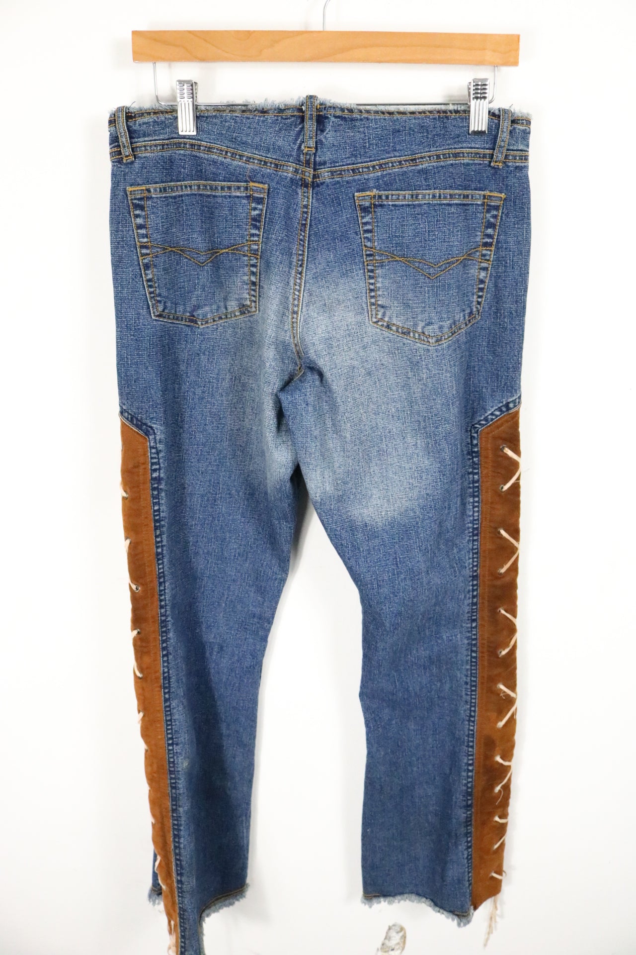 Lazerjeans Denim Pants | Vintage Western Lace-Up Jeans with Brown Suede Panels | Distressed Blue Cowboy Style