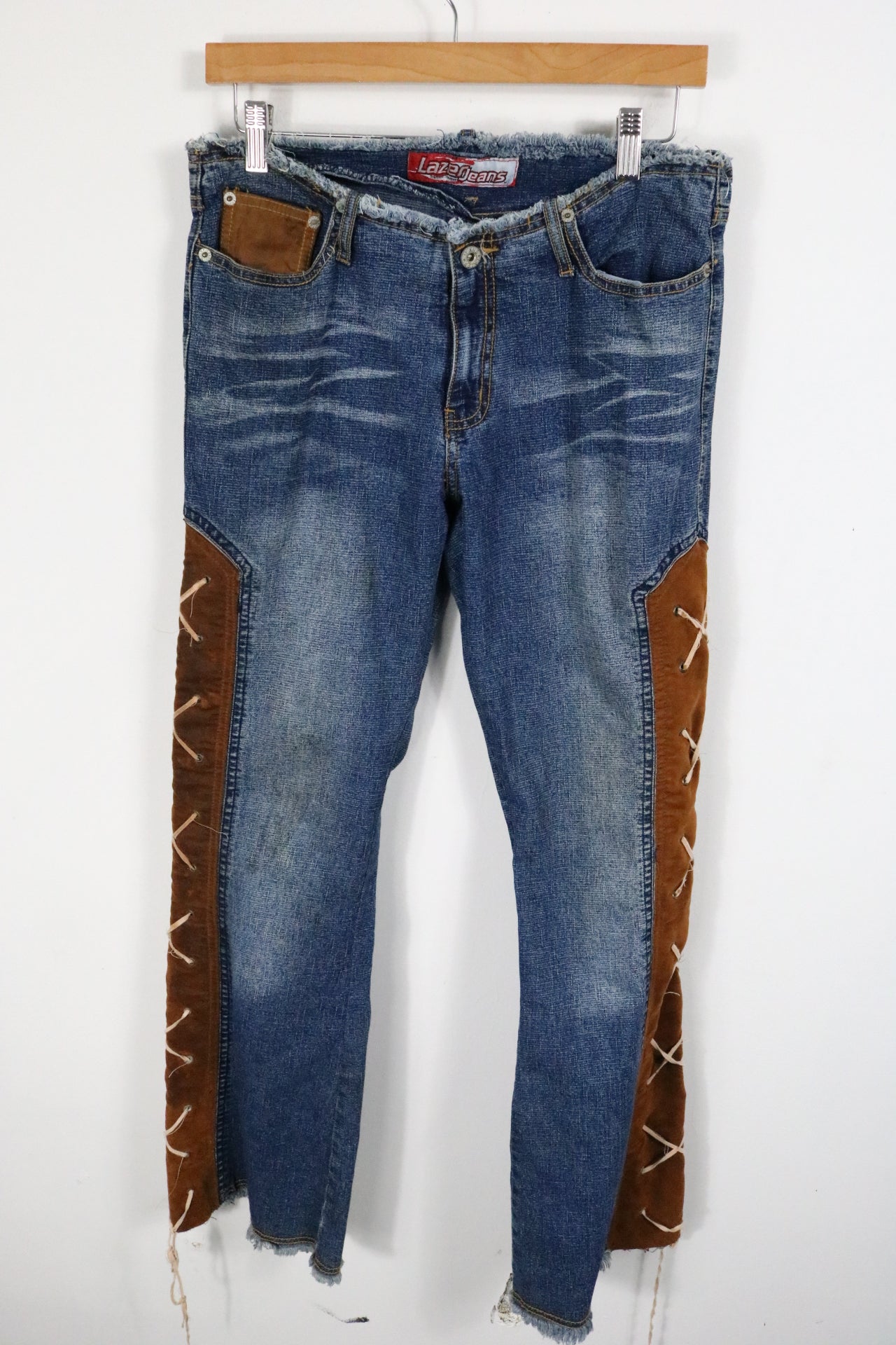 Lazerjeans Denim Pants | Vintage Western Lace-Up Jeans with Brown Suede Panels | Distressed Blue Cowboy Style