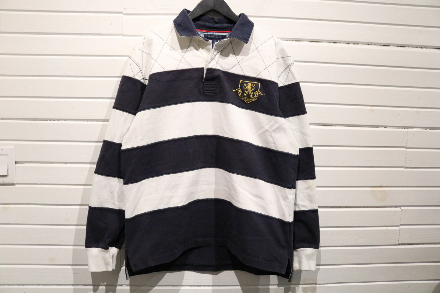 Tommy-Hilfiger Rugby Shirt | Vintage 2000s Crest Stripe Long Sleeve Top | Classic Preppy Sportswear