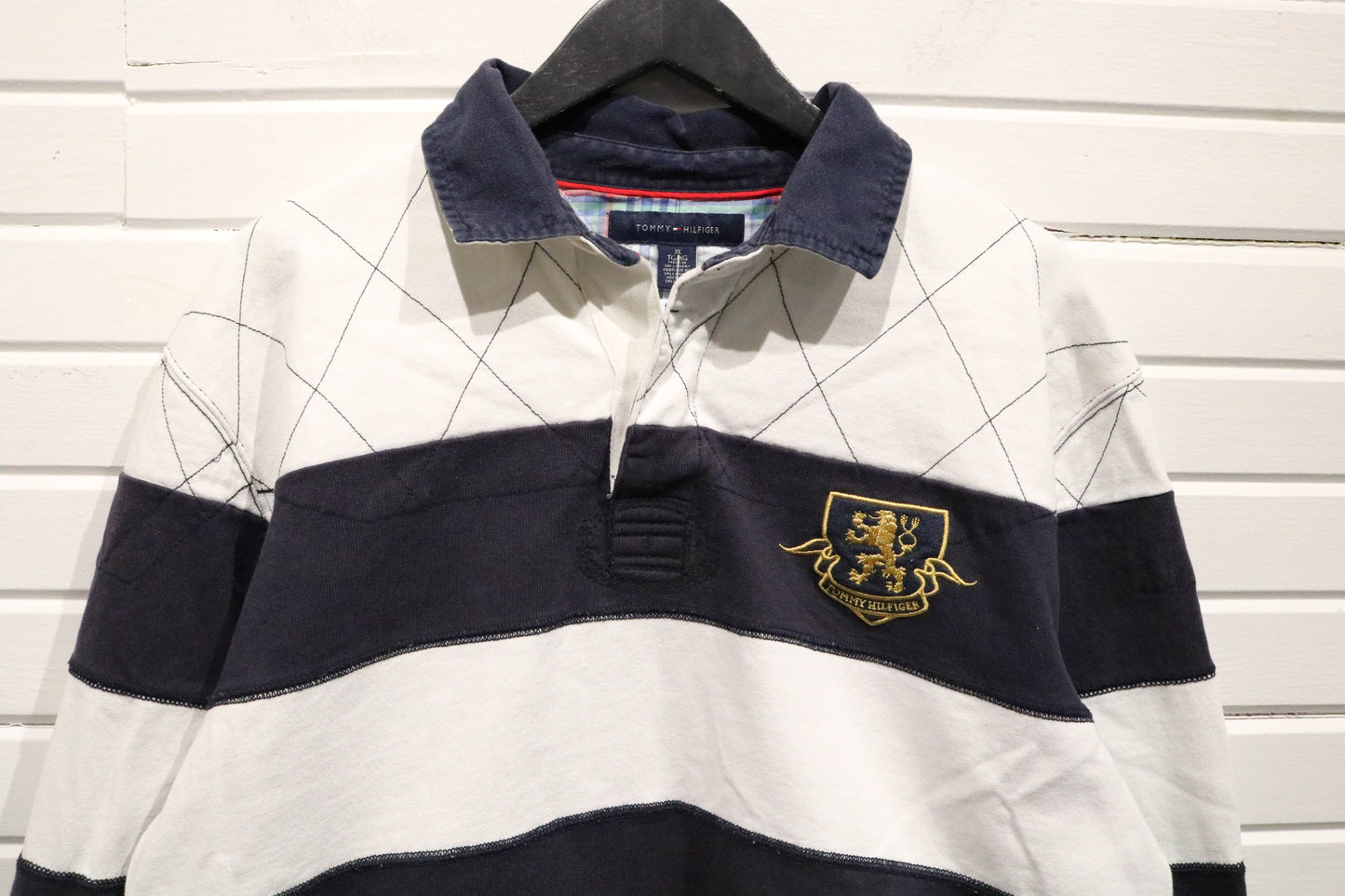 Tommy-Hilfiger Rugby Shirt | Vintage 2000s Crest Stripe Long Sleeve Top | Classic Preppy Sportswear