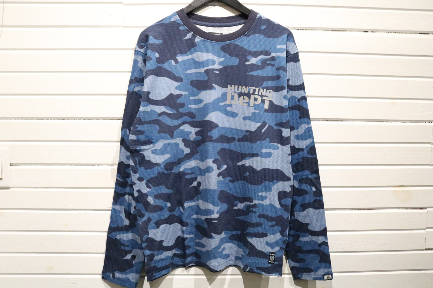 Hunting Dept Camo Long Sleeve Shirt | Vintage Blue Camouflage Thermal Top | Outdoor Sportswear