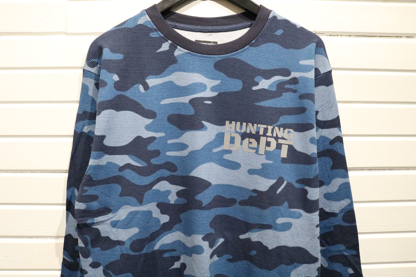Hunting Dept Camo Long Sleeve Shirt | Vintage Blue Camouflage Thermal Top | Outdoor Sportswear