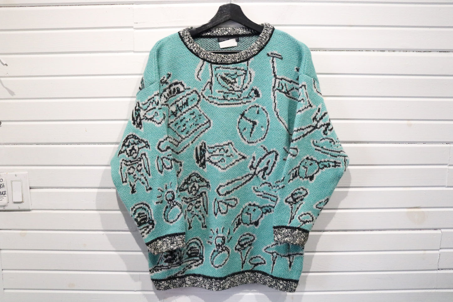 Esprit-Sport Sweater | Vintage 90s Abstract Office Theme Knit Pullover | Artistic Patterned Crewneck