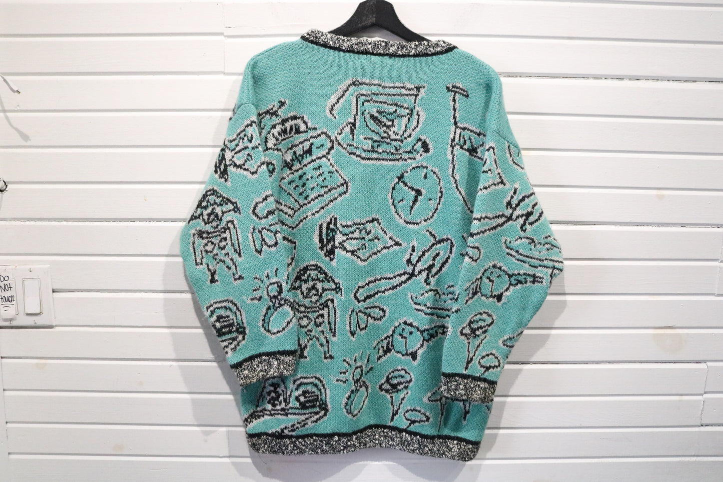 Esprit-Sport Sweater | Vintage 90s Abstract Office Theme Knit Pullover | Artistic Patterned Crewneck