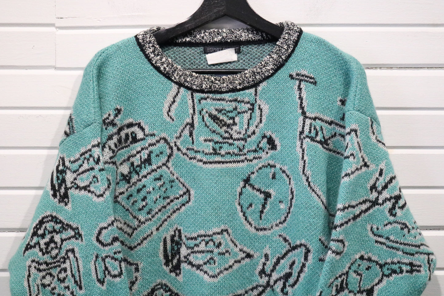 Esprit-Sport Sweater | Vintage 90s Abstract Office Theme Knit Pullover | Artistic Patterned Crewneck