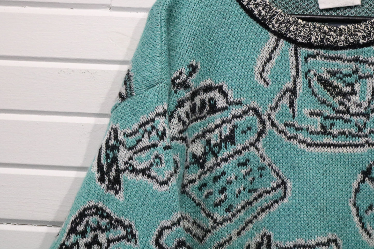 Esprit-Sport Sweater | Vintage 90s Abstract Office Theme Knit Pullover | Artistic Patterned Crewneck