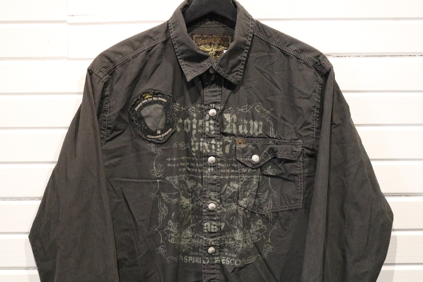 Projekt-RAW Button-Up Shirt | Vintage Graphic Patchwork Long Sleeve Shirt | Distressed Eagle Design