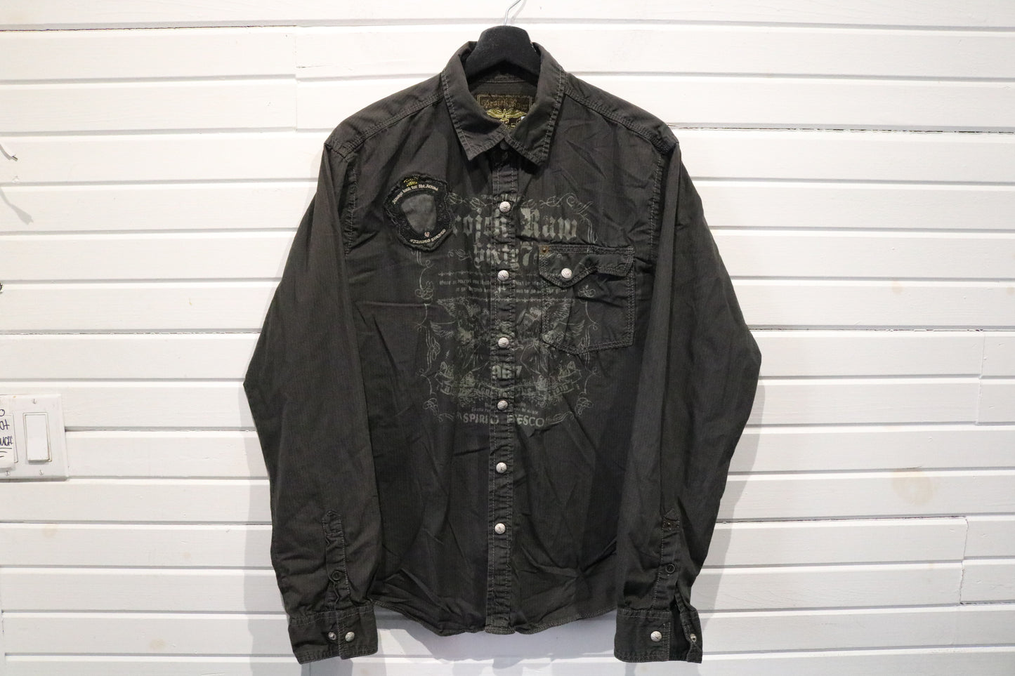 Projekt-RAW Button-Up Shirt | Vintage Graphic Patchwork Long Sleeve Shirt | Distressed Eagle Design