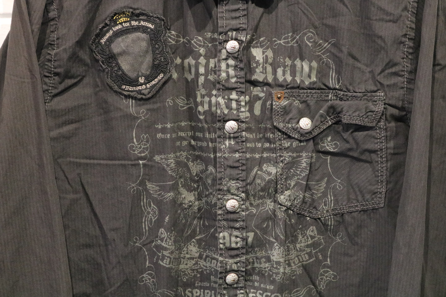 Projekt-RAW Button-Up Shirt | Vintage Graphic Patchwork Long Sleeve Shirt | Distressed Eagle Design