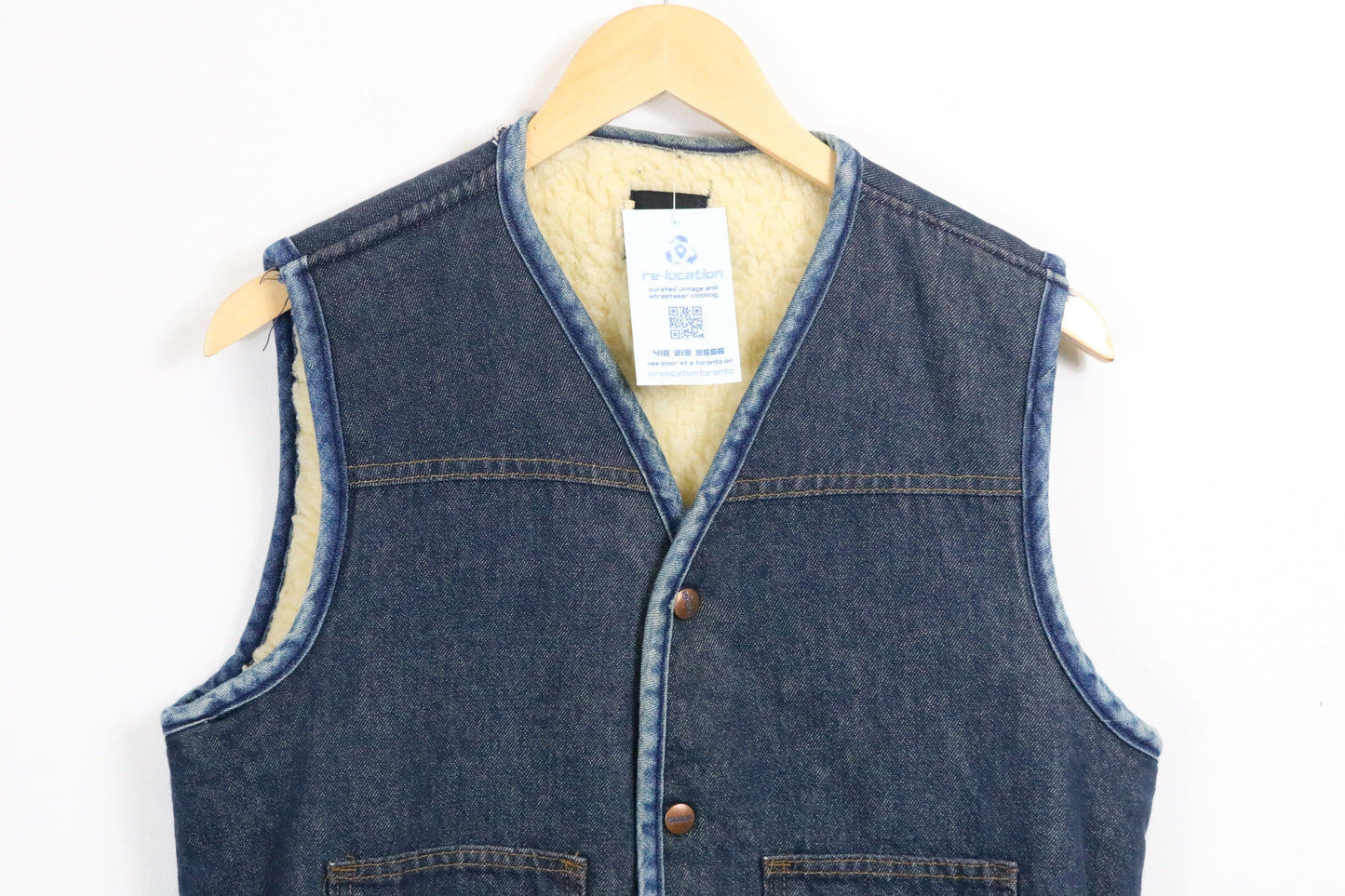 Roebucks Denim Sherpa-Lined Vest | Vintage 70s Insulated Workwear Waistcoat | Classic Blue Jean Layering