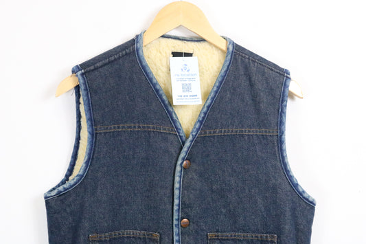 Roebucks Denim Sherpa-Lined Vest | Vintage 70s Insulated Workwear Waistcoat | Classic Blue Jean Layering