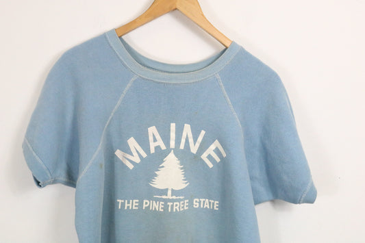 50s-60s Maine Pine-Tree State Sweatshirt | Vintage Short Sleeve Graphic Pullover | Classic Casual Layer