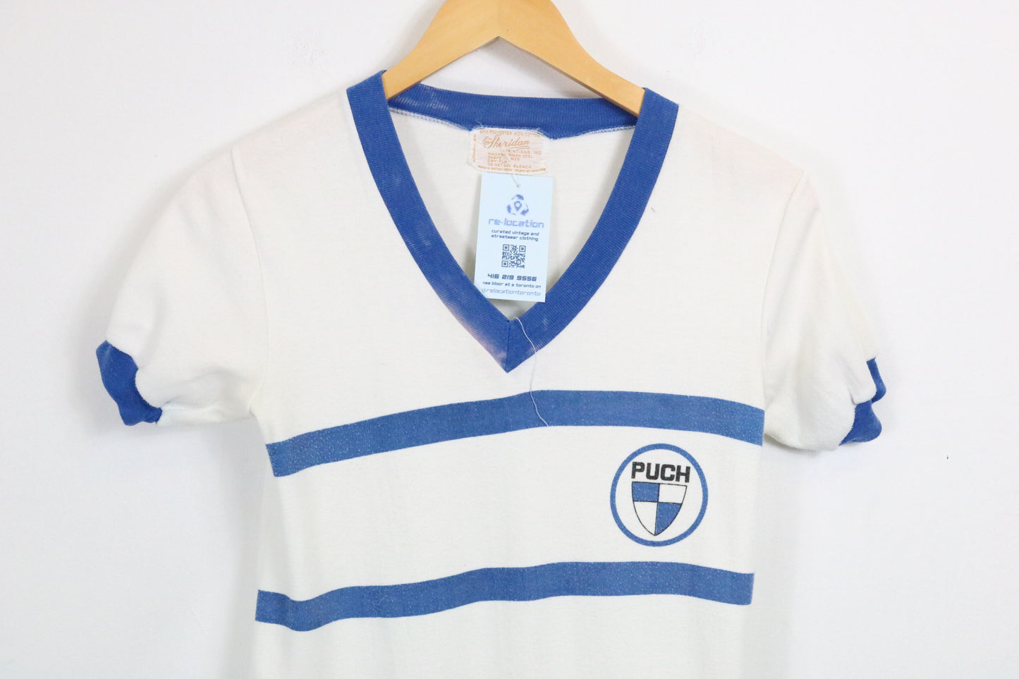 Puch Shield Stripe T-Shirt | Vintage 70s Blue-White V-Neck Logo Tee | Classic Motorsport Graphic Top