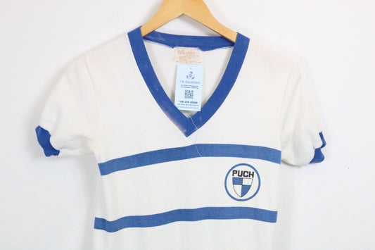 Puch Shield Stripe T-Shirt | Vintage 70s Blue-White V-Neck Logo Tee | Classic Motorsport Graphic Top
