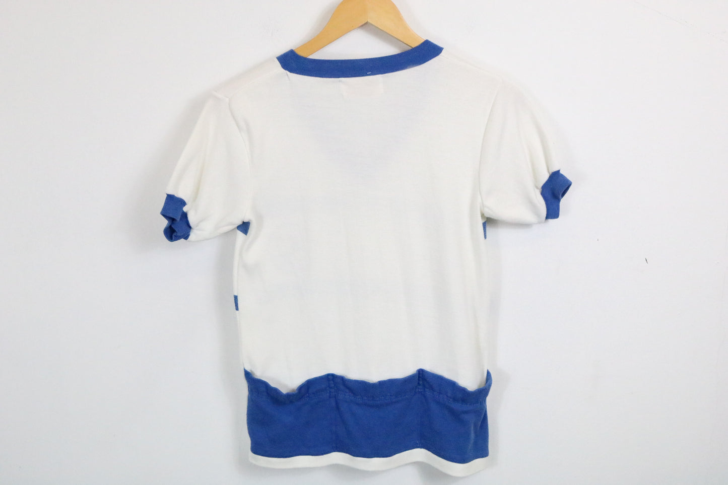 Puch Shield Stripe T-Shirt | Vintage 70s Blue-White V-Neck Logo Tee | Classic Motorsport Graphic Top