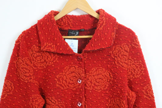 Tla-Design Textured Floral Jacket | Vintage Rose Pattern Wool Button-Up Outerwear | Women's Cozy Statement Layer