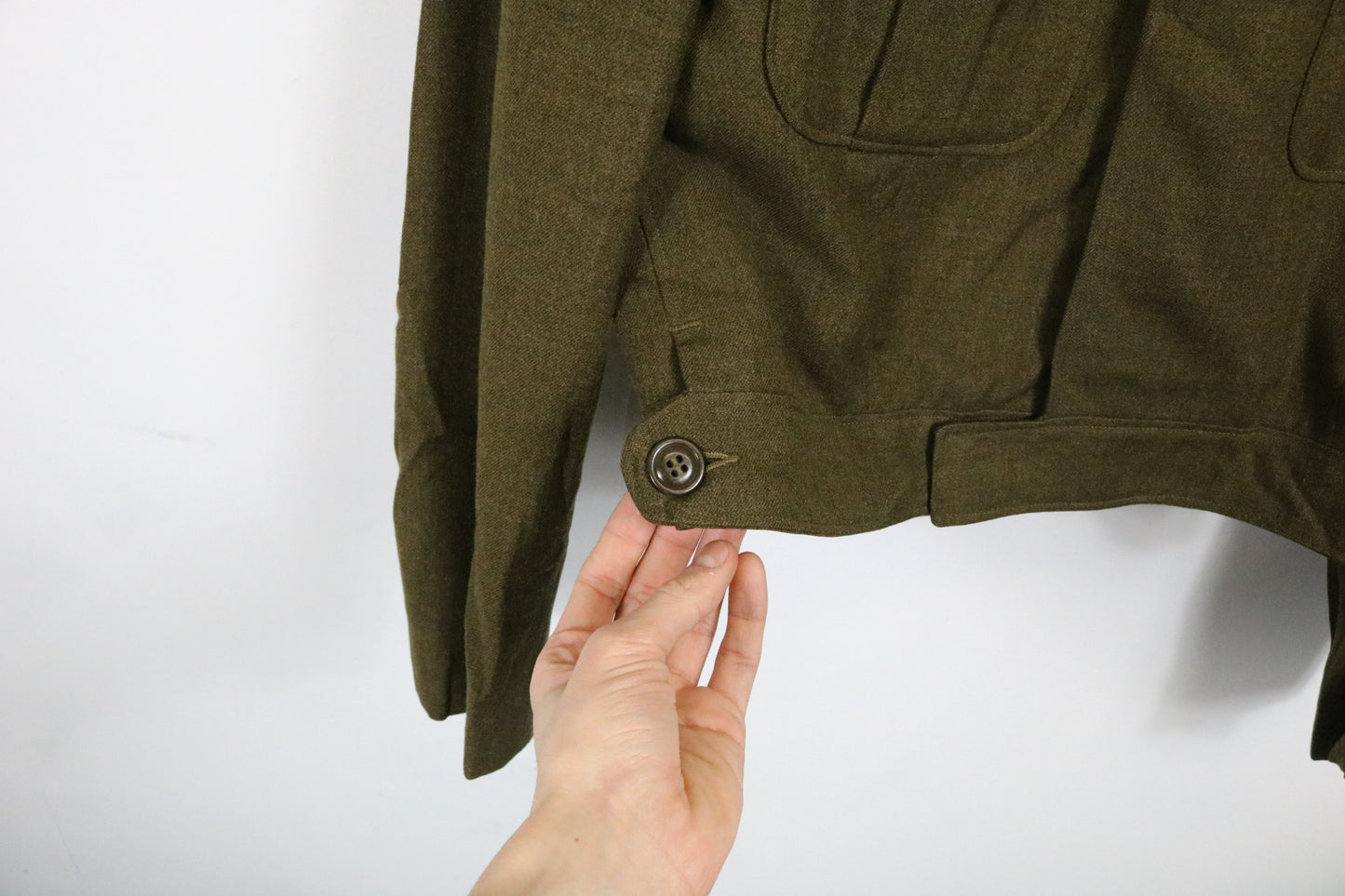 Vintage Military Jacket | 1940s Olive Green Eisenhower Style Wool Outerwear | Classic Short Dress Uniform