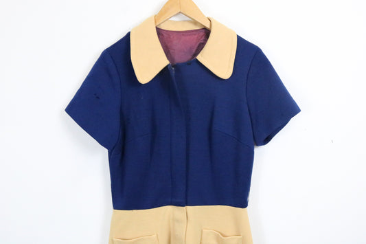 Union-Made Color-Block Dress | Vintage 1960s Navy and Tan Short Sleeve Mod Dress | Classic Retro Daywear