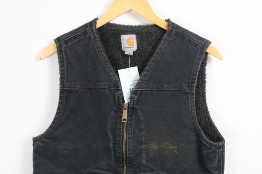 Carhartt Work Vest | Vintage Black Distressed Sherpa-Lined Zip Vest | Durable Outdoor Workwear