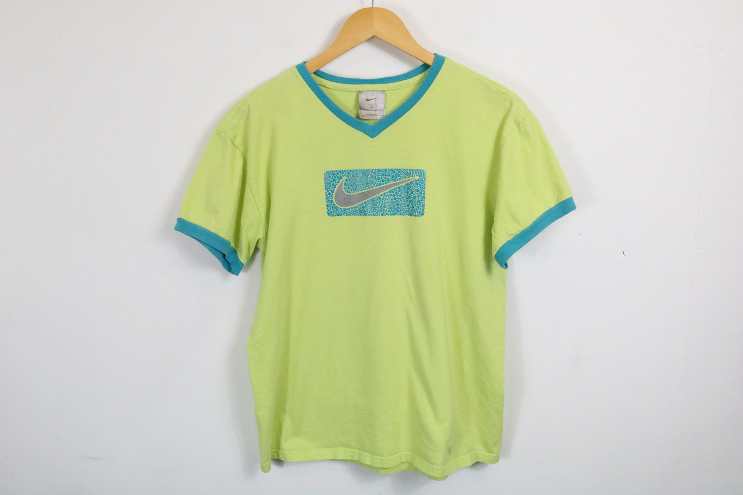 Nike T-Shirt | Vintage 90s Blue-Trim V-Neck Graphic Tee | Bright Green Classic Sportswear