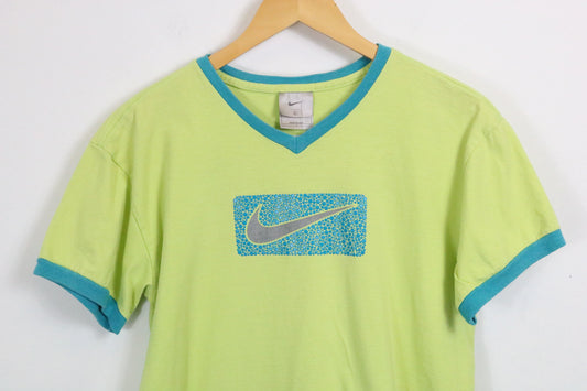 Nike T-Shirt | Vintage 90s Blue-Trim V-Neck Graphic Tee | Bright Green Classic Sportswear