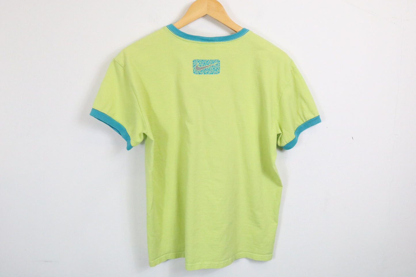 Nike T-Shirt | Vintage 90s Blue-Trim V-Neck Graphic Tee | Bright Green Classic Sportswear