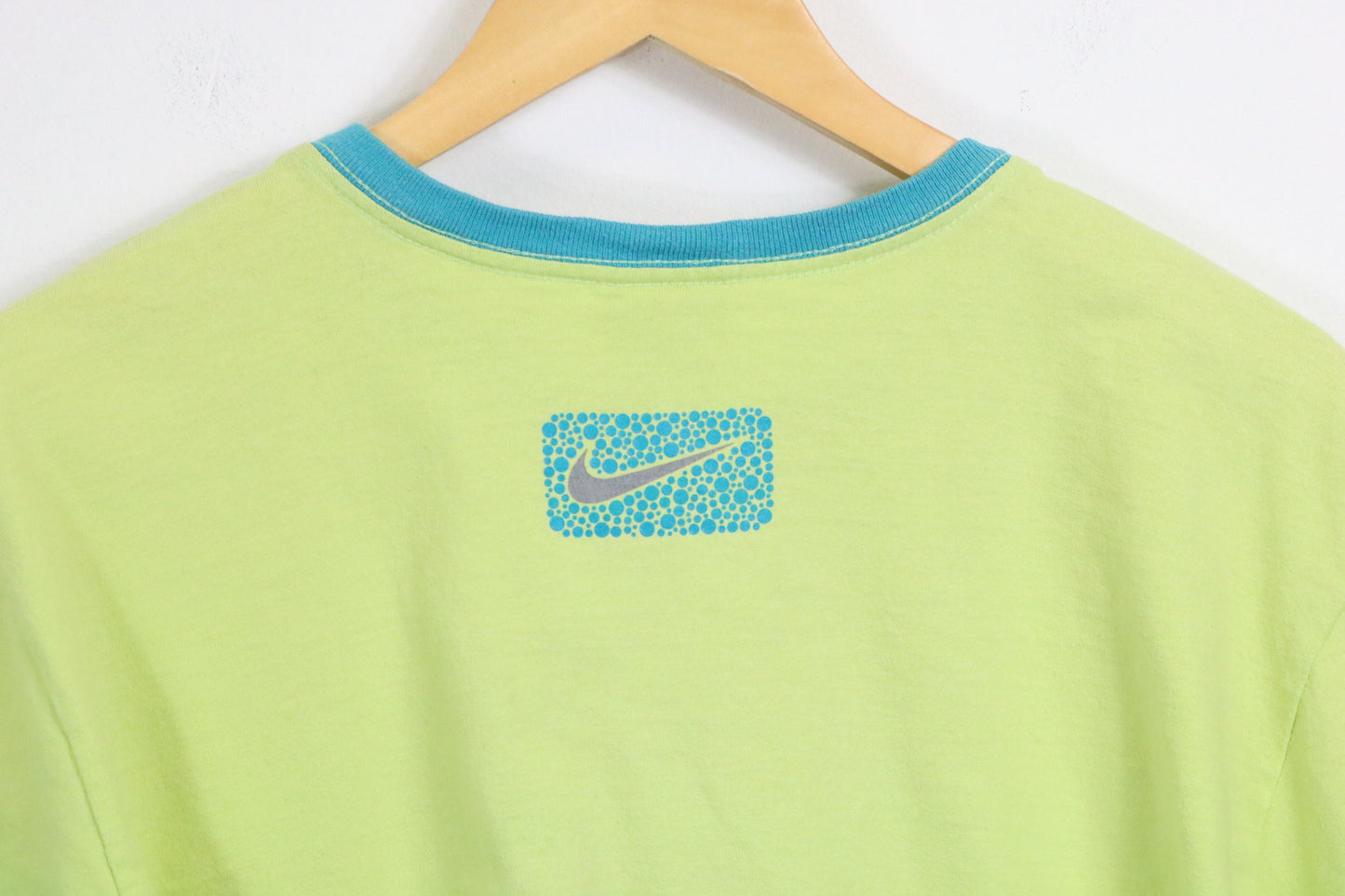 Nike T-Shirt | Vintage 90s Blue-Trim V-Neck Graphic Tee | Bright Green Classic Sportswear