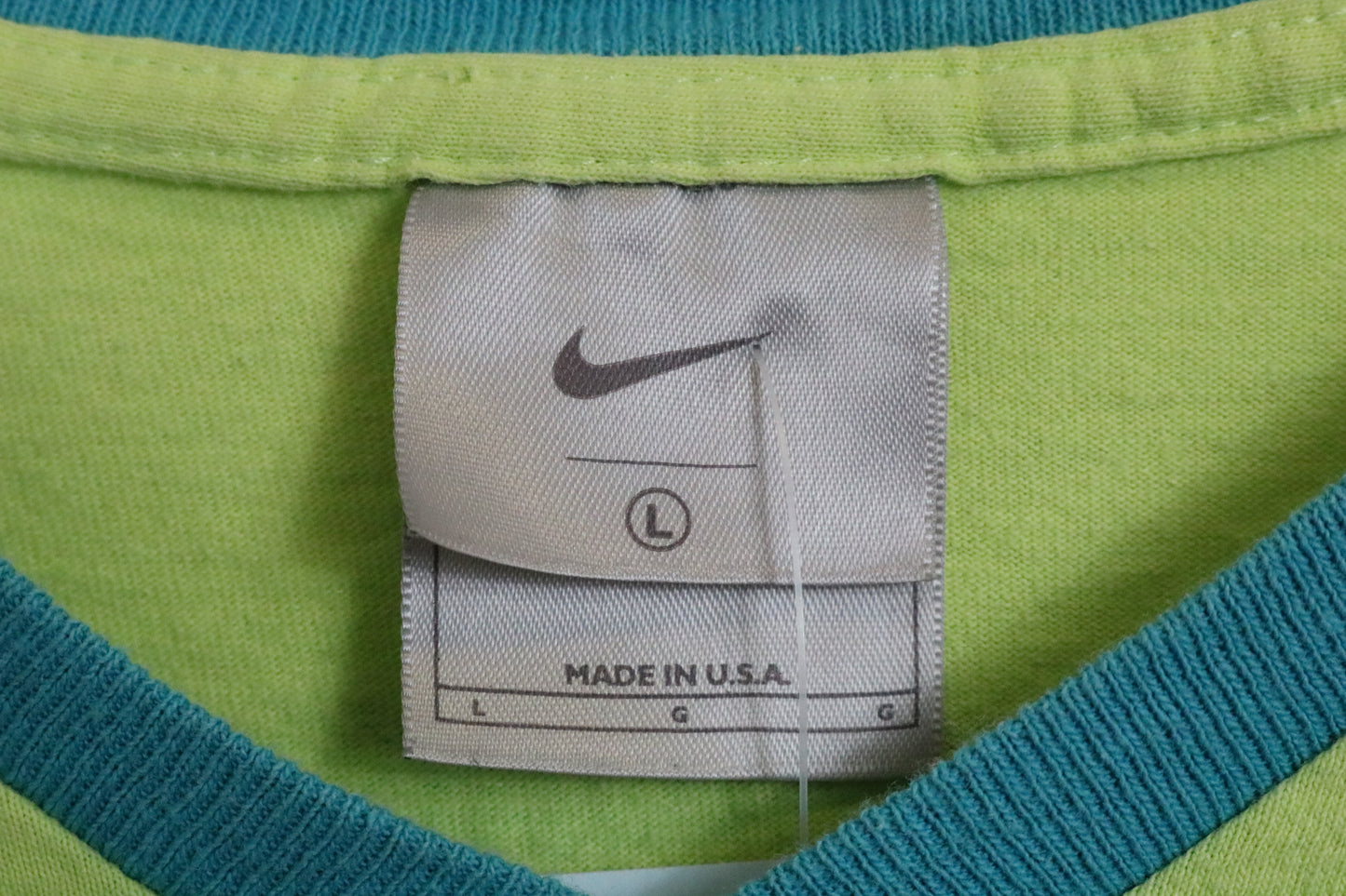 Nike T-Shirt | Vintage 90s Blue-Trim V-Neck Graphic Tee | Bright Green Classic Sportswear