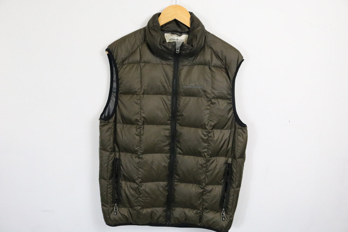 Eddie-Bauer Goose Down Vest | Vintage Olive Green Puffer Outerwear | Insulated Menswear Layer