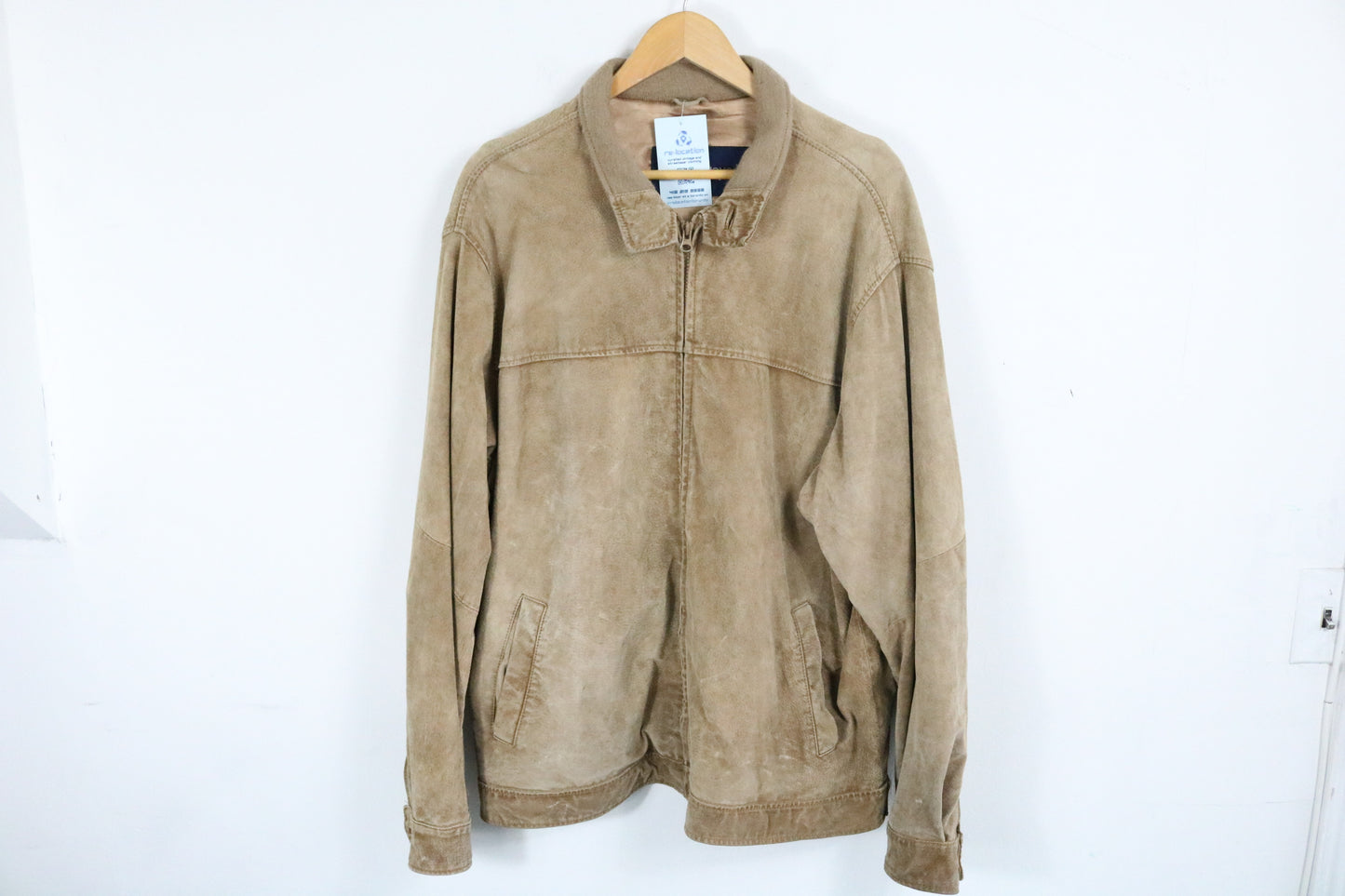 Denver-Hayes Jacket | Vintage Tan Zip-Front Suede Jacket | Ribbed Collar Outerwear