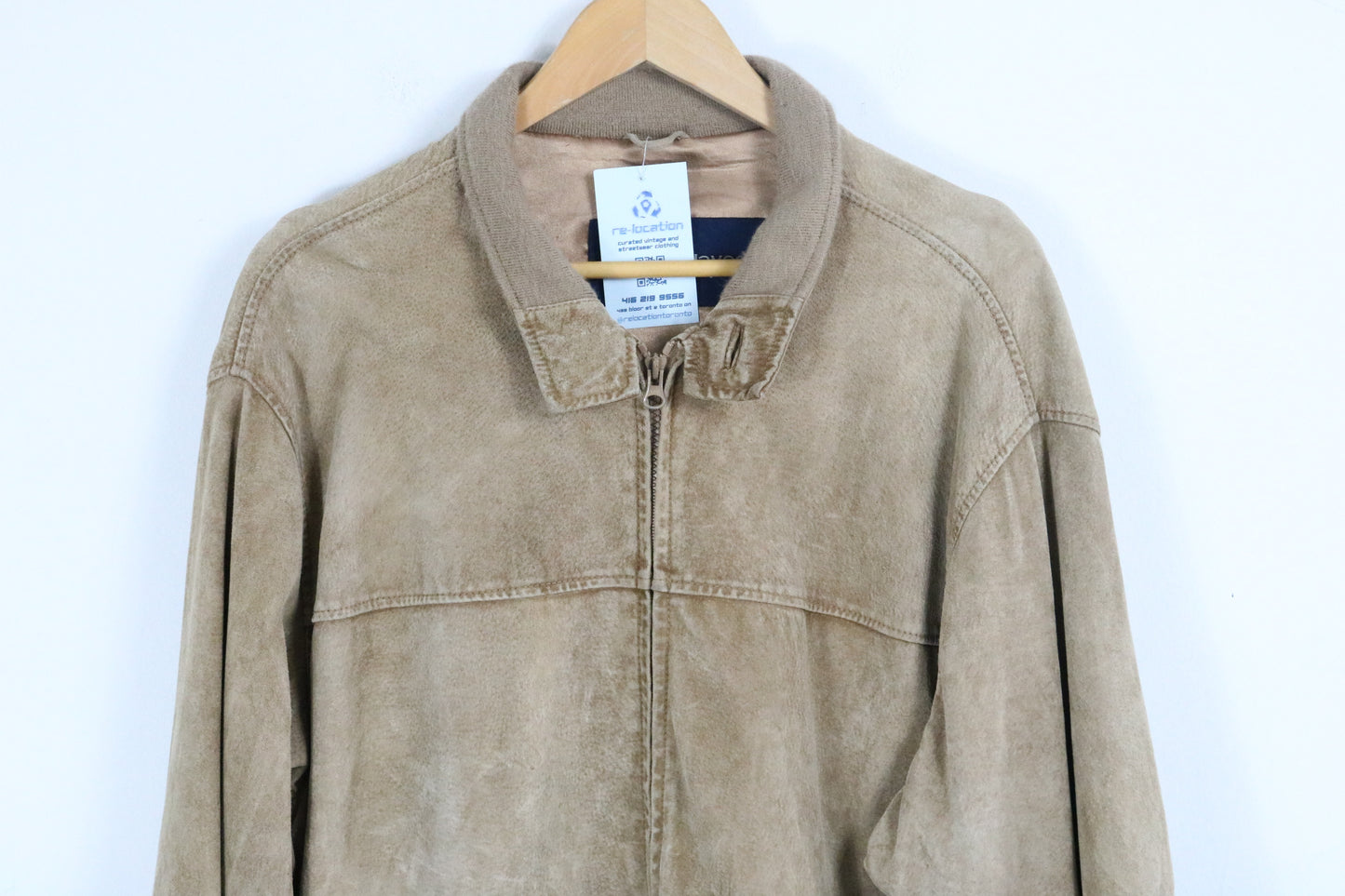 Denver-Hayes Jacket | Vintage Tan Zip-Front Suede Jacket | Ribbed Collar Outerwear