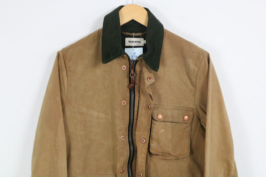 Taylor-Stitch Jacket | Vintage Tan Canvas Workwear Jacket | Corduroy Collar Zip Front Coat | Utility Pockets