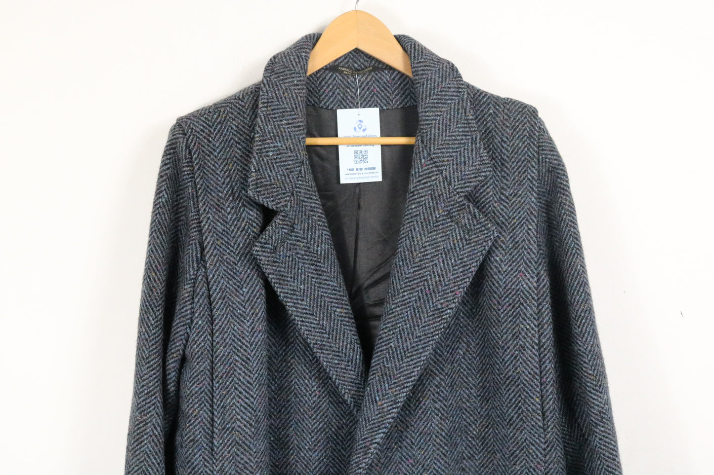 Sears The Fashion Place Herringbone Wool Coat | Vintage 1980s Double-Breasted Overcoat | Classic Grey Long Outerwear