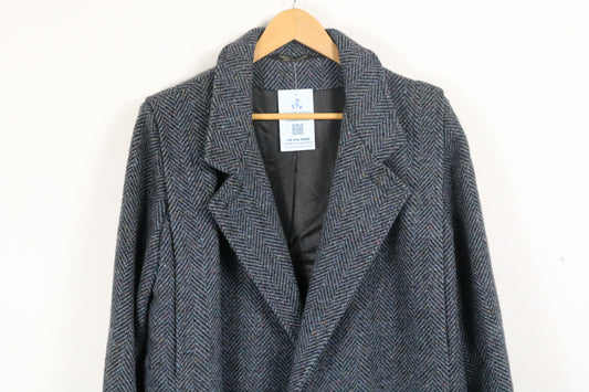 Sears The Fashion Place Herringbone Wool Coat | Vintage 1980s Double-Breasted Overcoat | Classic Grey Long Outerwear