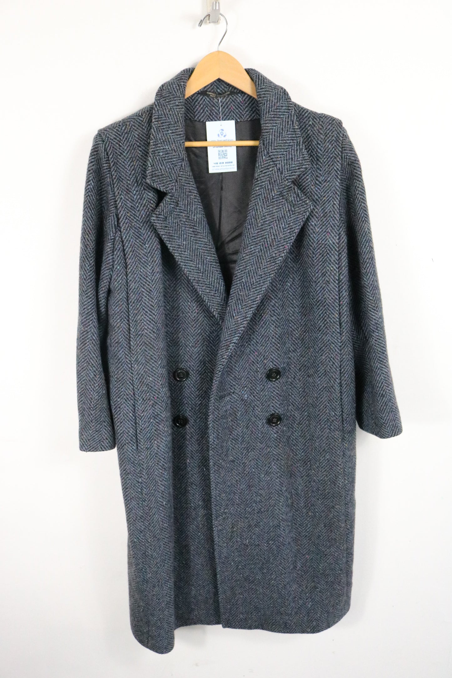Sears The Fashion Place Herringbone Wool Coat | Vintage 1980s Double-Breasted Overcoat | Classic Grey Long Outerwear