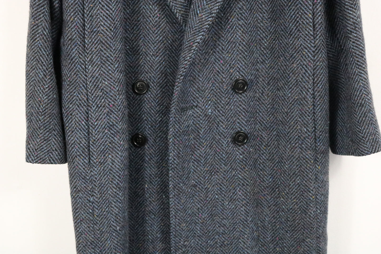 Sears The Fashion Place Herringbone Wool Coat | Vintage 1980s Double-Breasted Overcoat | Classic Grey Long Outerwear