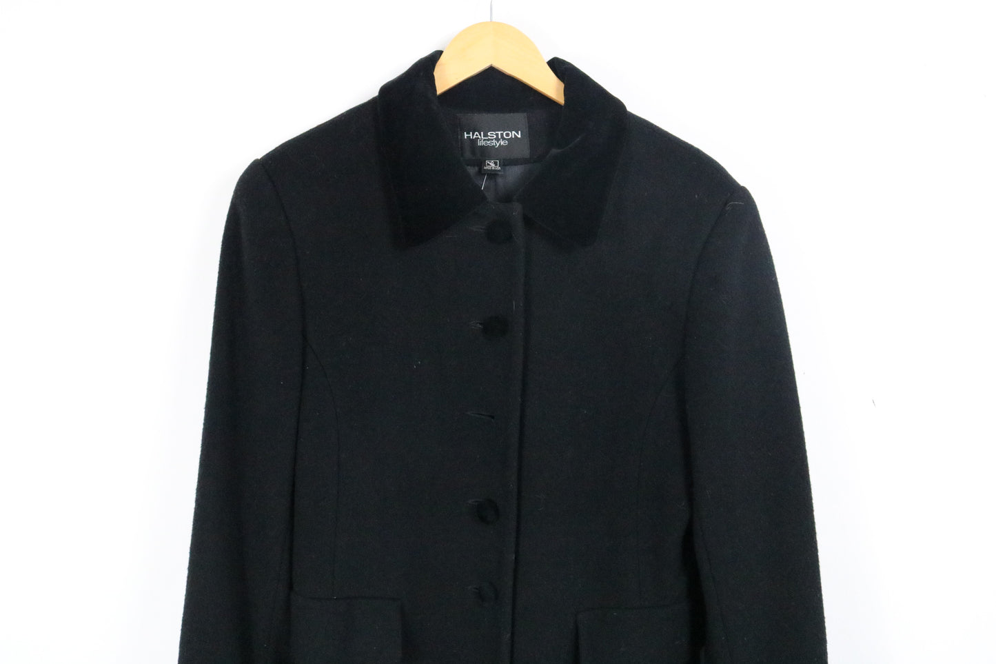 Halston Coat | Vintage Black Velvet-Collar Long Coat | Classic Outerwear