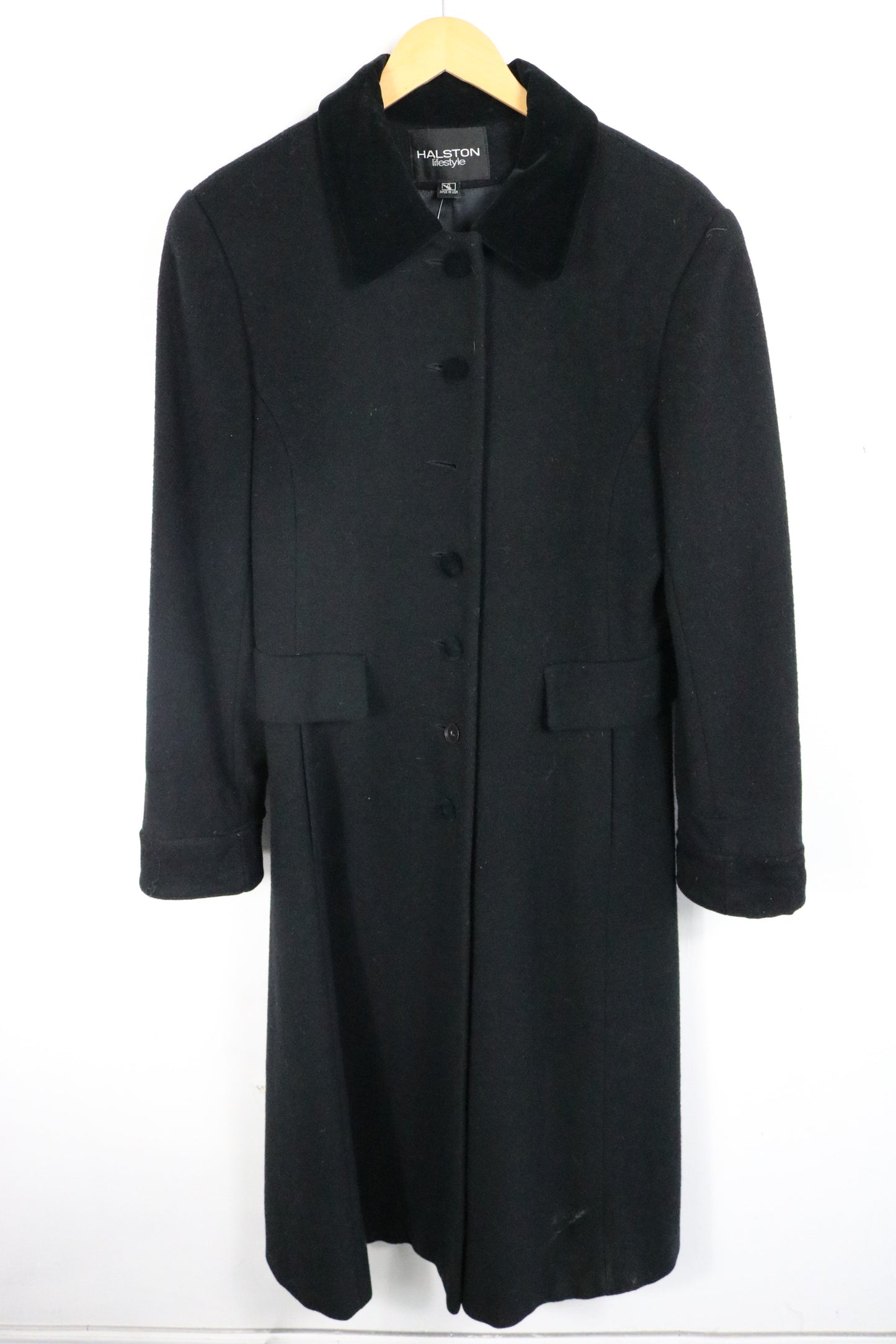 Halston Coat | Vintage Black Velvet-Collar Long Coat | Classic Outerwear