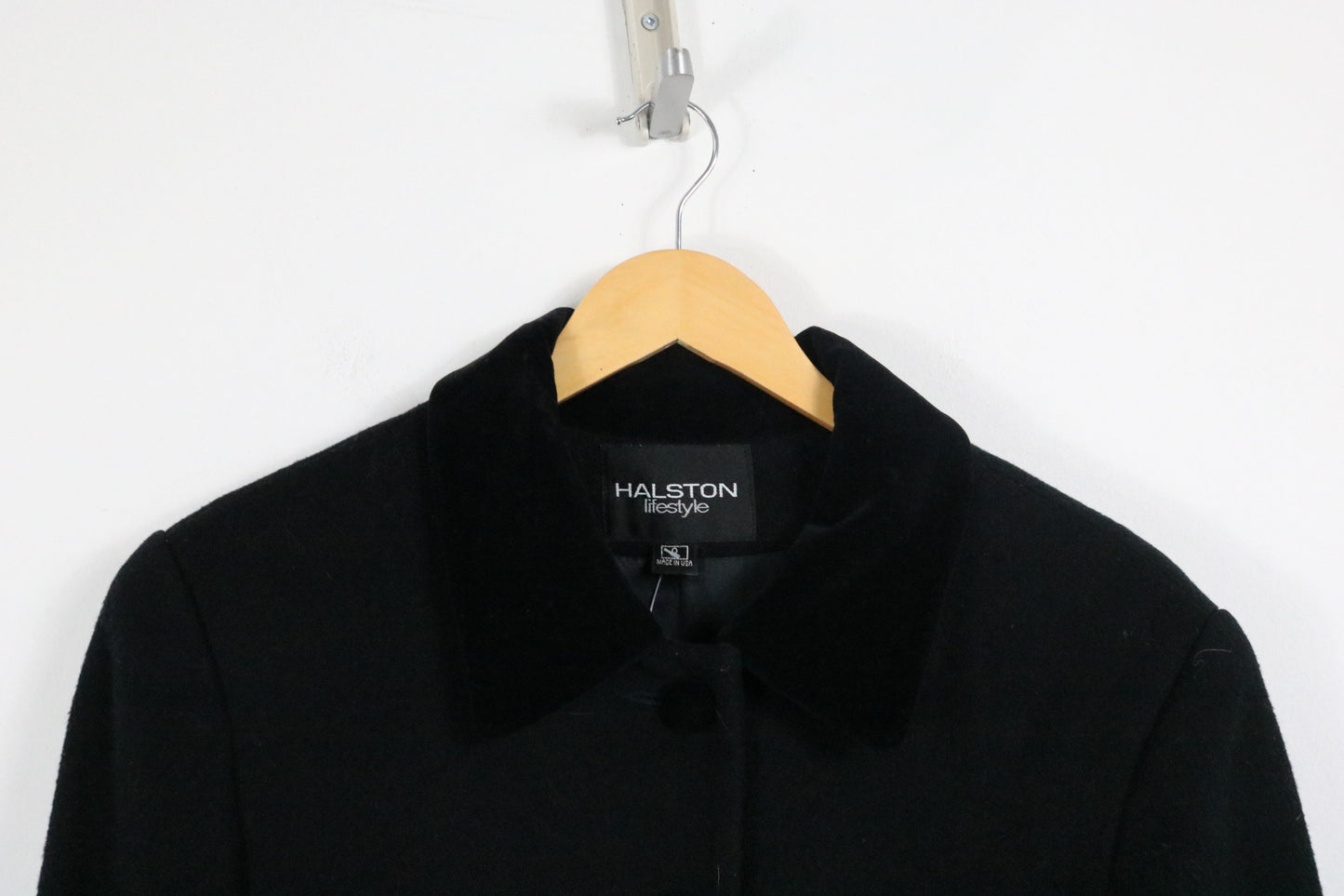 Halston Coat | Vintage Black Velvet-Collar Long Coat | Classic Outerwear