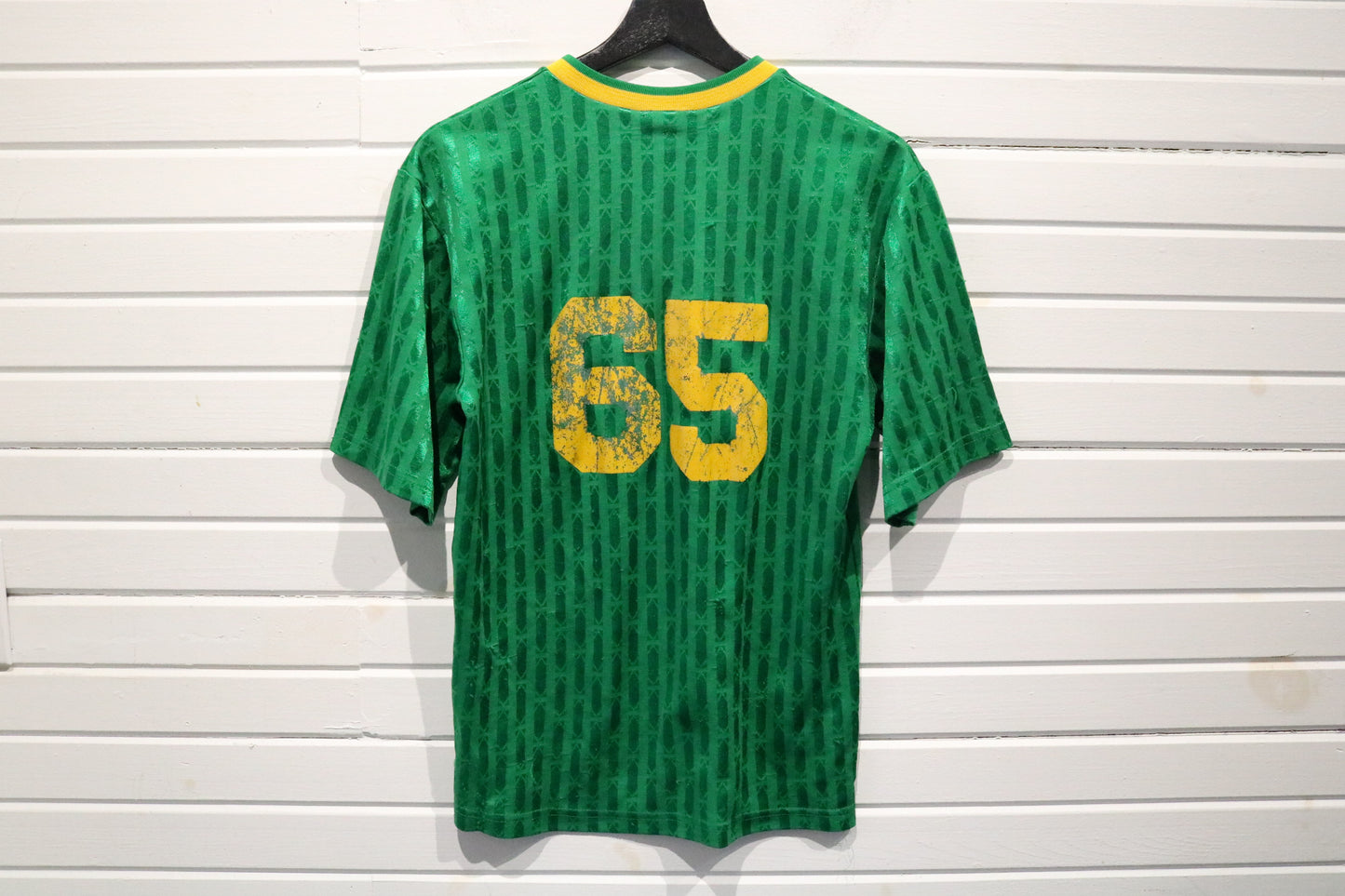 Teamwork Soccer Jersey | Vintage Green V-Neck Lv Patch Shirt | Number 65 Back Graphic