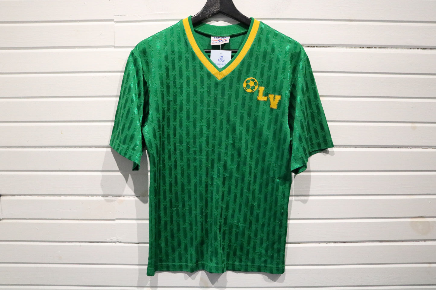 Teamwork Soccer Jersey | Vintage Green V-Neck Lv Patch Shirt | Number 65 Back Graphic