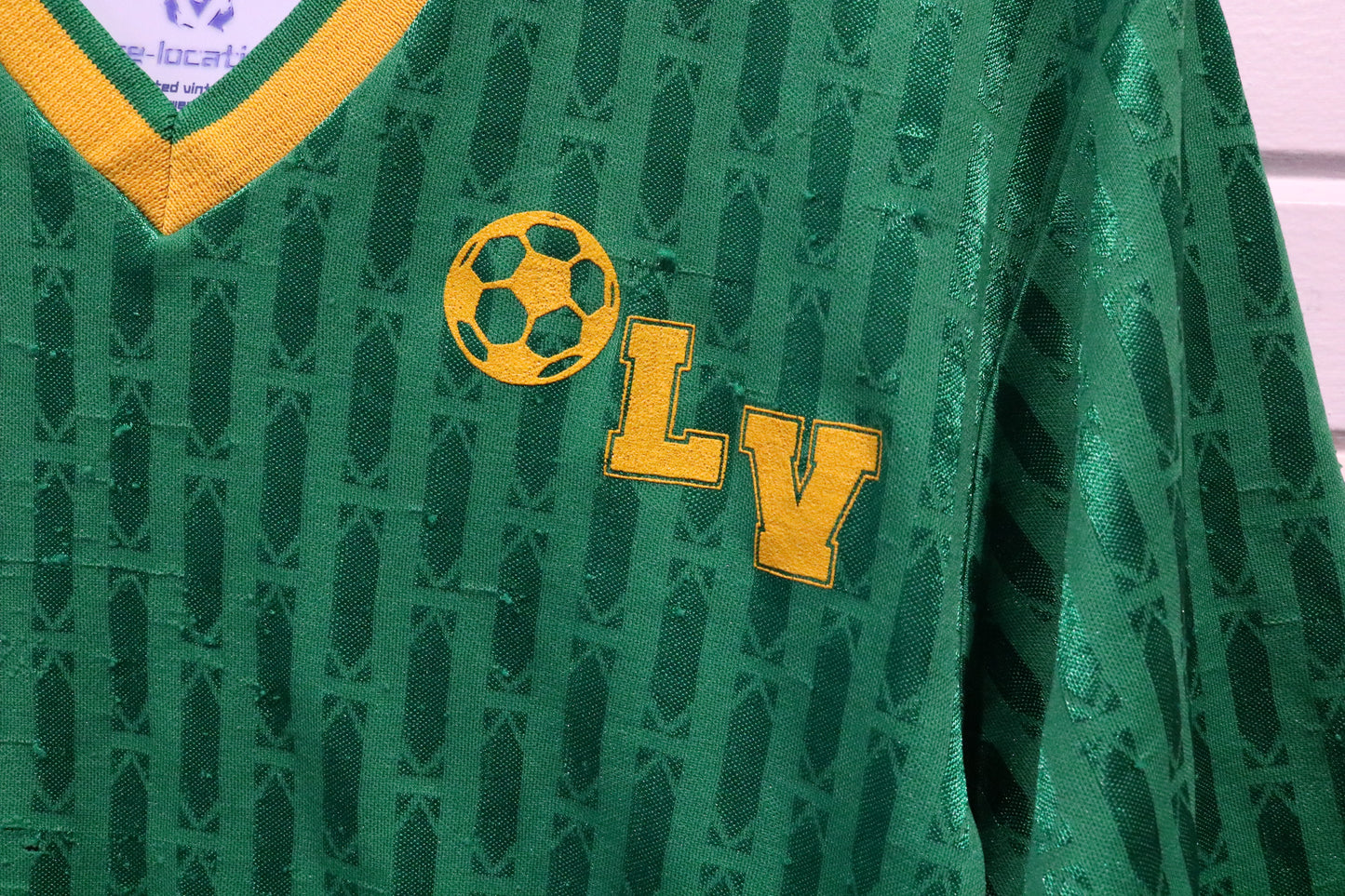 Teamwork Soccer Jersey | Vintage Green V-Neck Lv Patch Shirt | Number 65 Back Graphic