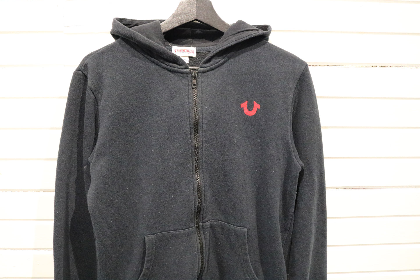 True-Religion Hoodie | Vintage Full-Zip Hooded Sweatshirt | Red Logo Zip-Up Hoodie | Streetwear Layer